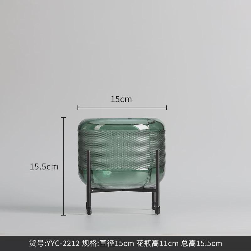 博西家居支架铁艺北欧玻璃果盘轻奢摆件绿色直筒水培花瓶软装