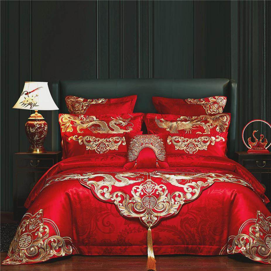 婚庆四件套大红全棉100s长绒棉刺绣龙凤结婚房嫁喜庆被床上用品