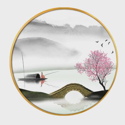 墙画玄关山水画中国风壁画茶室背景新中式圆形装饰画客厅水墨挂画