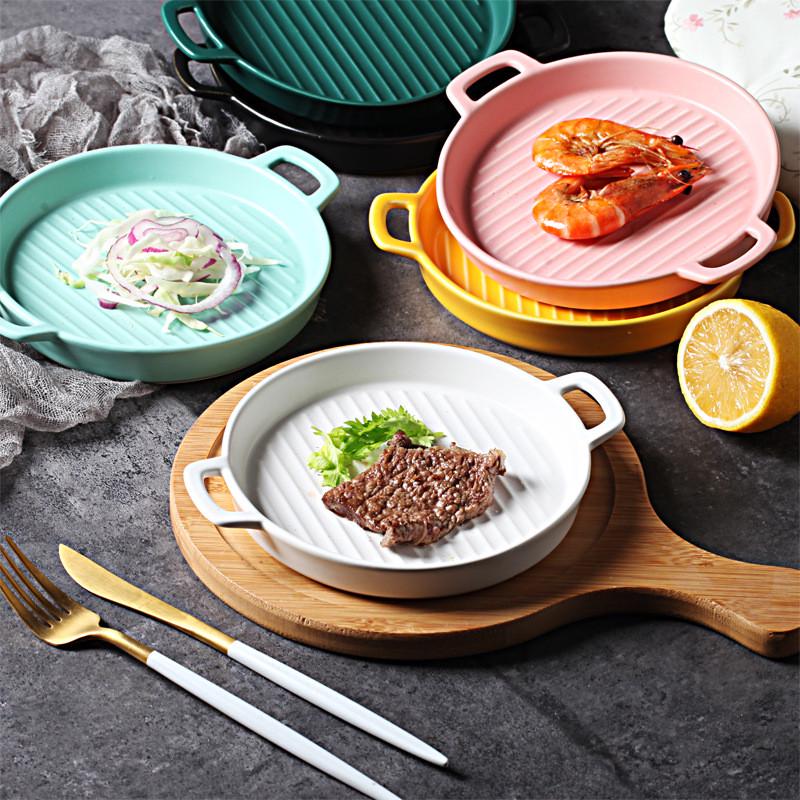 ins北欧带柄烤盘陶瓷盘子烤箱烤盘焗饭盘甜品家用菜盘沙拉早餐盘