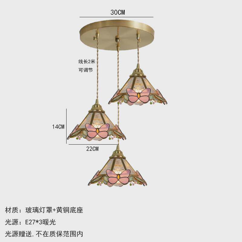 法式灯复古黄铜手工焊锡彩色玻璃小吊灯温馨床头吊灯粉红色蝴蝶灯