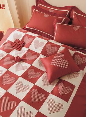 a947简约婚庆床品四件套100s长绒棉爱心结婚红色印花被套床单