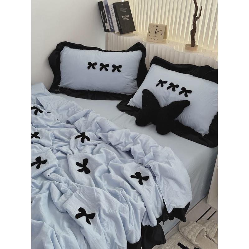28n韩系少女夏季空调被花边蝴蝶结夏凉被四件套黑色三件套薄被芯