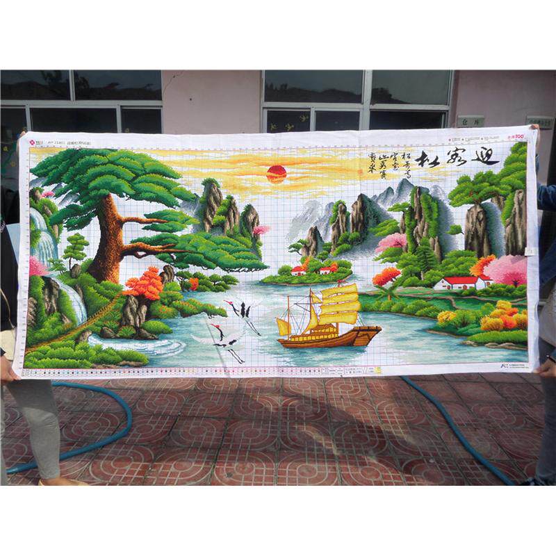w1tr批发纯手工十字绣成品迎客松财运版2米客厅山水风景画出