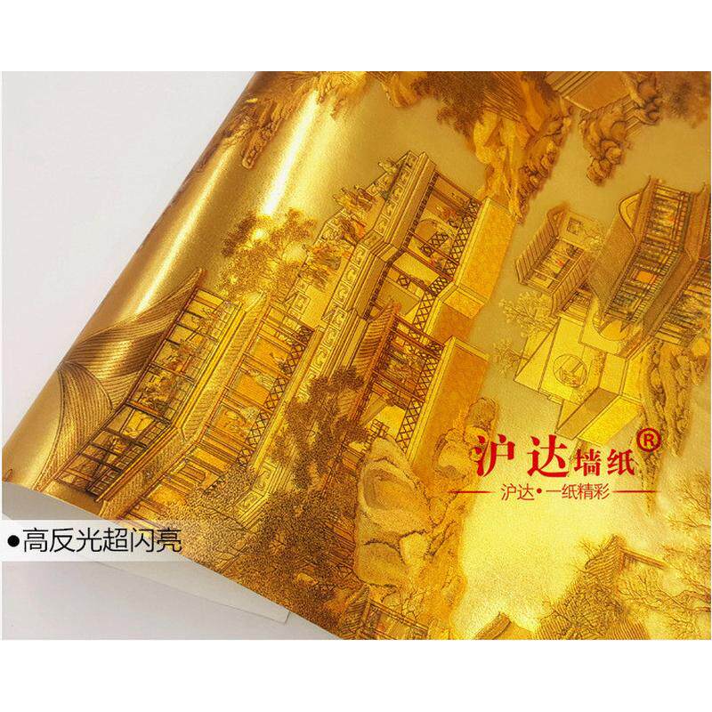 清明上河图墙纸金箔金色金黄色饭店餐馆店面中式店铺餐厅装修壁纸