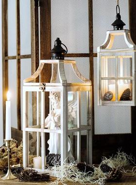 北欧复古木质烛台风灯玻璃金属铁艺蜡烛台花园工艺品摆件拍摄道具