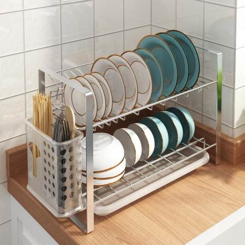 不锈钢304双层小型碗碟架晾放碗盘筷子沥水架家用厨房置物架台面