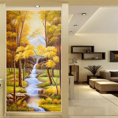 3D玄关壁画过道墙纸发财树走廊山水画18D无缝墙布入户墙竖版壁纸