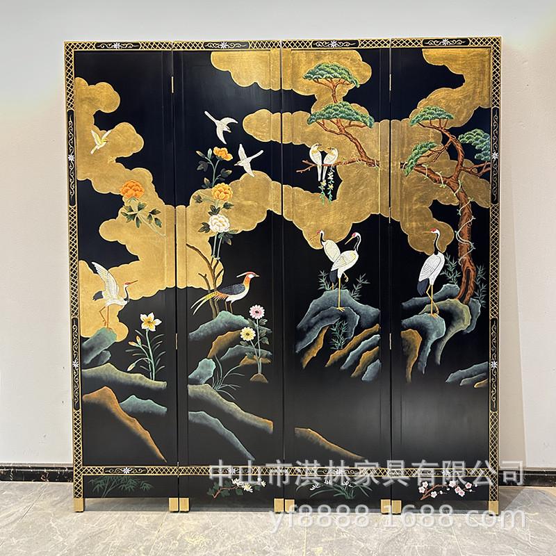 金箔屏风手绘漆画中式客厅书房隔断移动折叠屏风摄影道具屏风