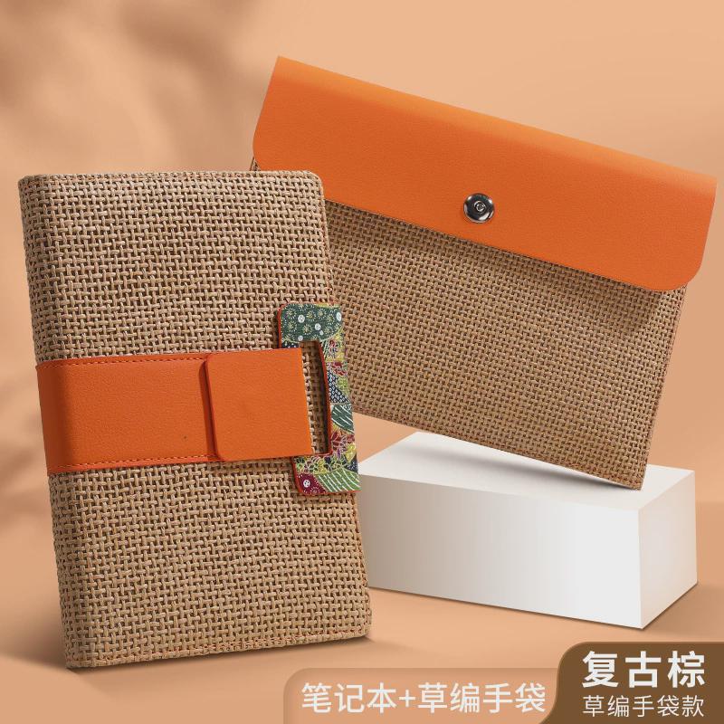 复古手袋小清新手账本皮质笔记本套装草编简约伴手礼品笔记本本子