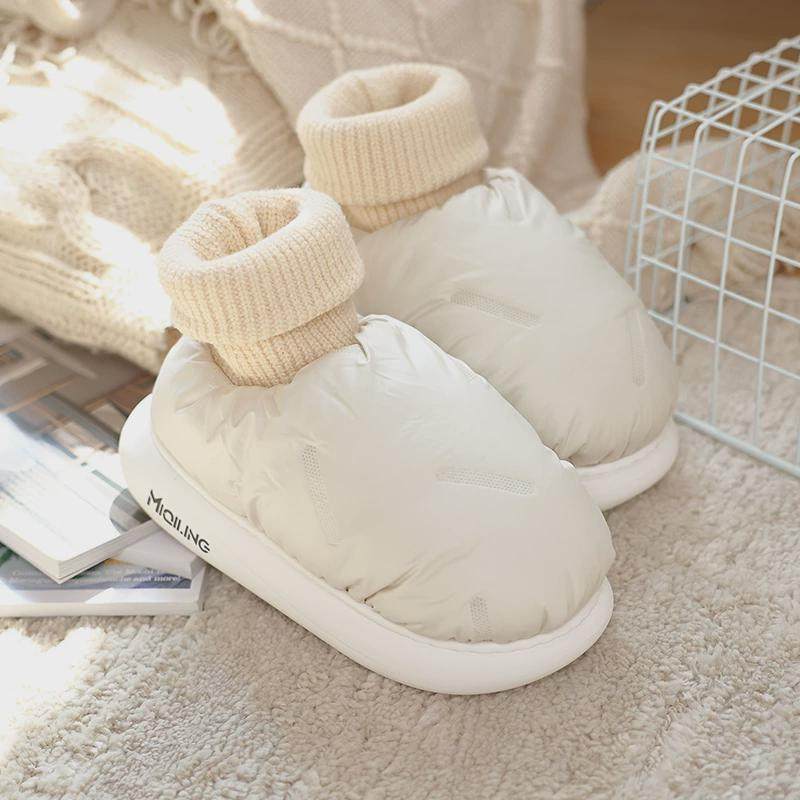 防水羽绒高帮棉拖鞋女包跟冬季室内家居情侣保暖加绒棉鞋冬天家用