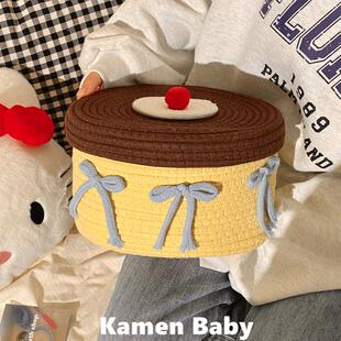 布丁编织收纳筐用带盖子收纳盒防尘桌面摆件毛绒玩具娃娃收纳桶