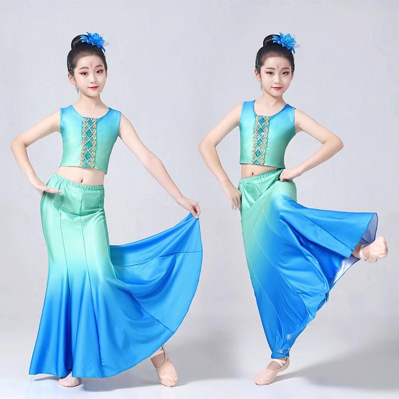 新款儿童傣族舞蹈傣族艺考表演服傣族舞蹈鱼尾练功裙