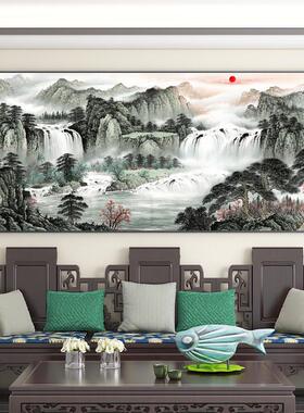 风景画生财山水流水农村中堂画客厅迎客松挂画沙发背景墙装饰壁画