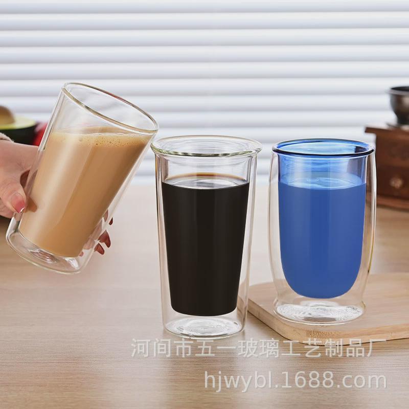 简约双层玻璃杯硼款办公室爆隔热加厚防烫水杯高咖啡杯硅玻璃茶杯