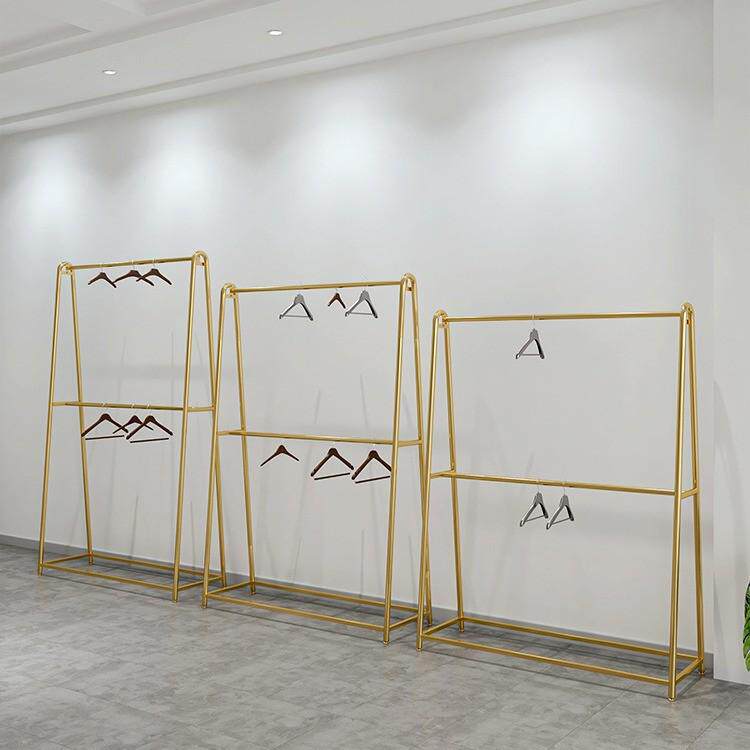 服装店展示架陈列架双层落地式挂衣架简约童装店双杆衣架金色横杆
