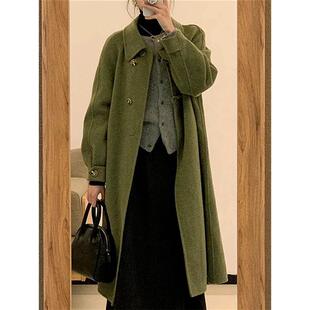 高级感绿色呢子大衣女中长款2023秋冬日系小个子搭配显高毛呢