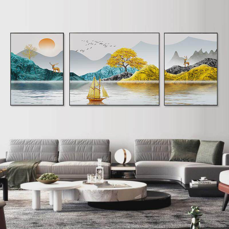 ali6轻奢三联画2024新款风景线绣客厅手工自己刺绣山水十字绣一帆