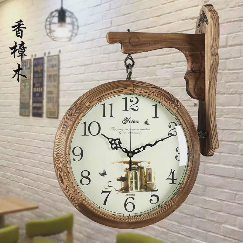 香樟木欧式现代简约两面实木钟表客厅双面挂钟家用静音复古石英钟