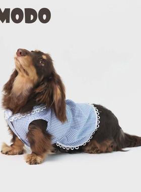 LMODO宠物衣服夏季蓝色格纹可爱娃娃领宠物裙子狗狗衣服猫猫服饰