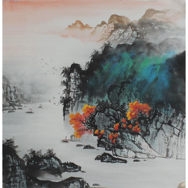 纯手绘国画手工画四尺斗方山水画泼彩卧室客厅书房背景挂画