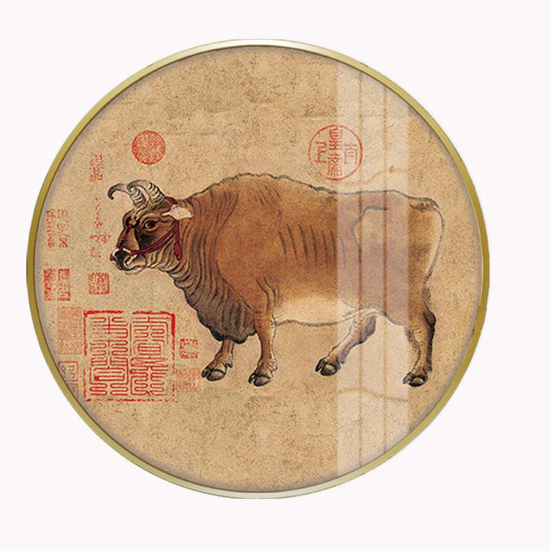 五牛图客厅国画圆形电表箱装饰画生肖牛现代金属木框餐厅图片
