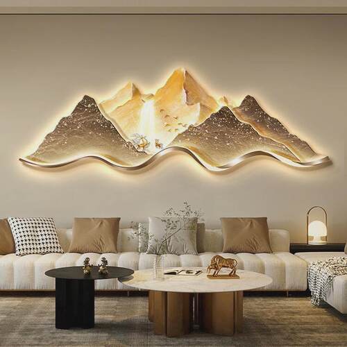 现代轻奢客厅装饰画背有靠山高级感大气山水壁灯画沙发背景墙挂画