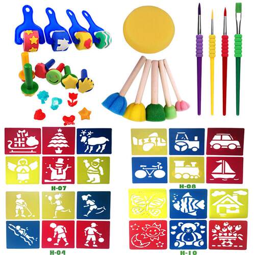 海绵印章颜料拓印工具绘画套装幼儿园画画圆形海绵棒画刷镂空模板