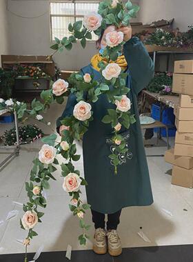 仿真玫瑰花假花藤条藤蔓背景墙面软装饰门头栅栏空调管道缠绕遮挡