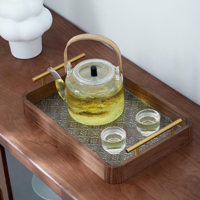 海棠花玻璃托盘家用长方形胡桃木茶盘杯子茶具收纳水果点心盘复古