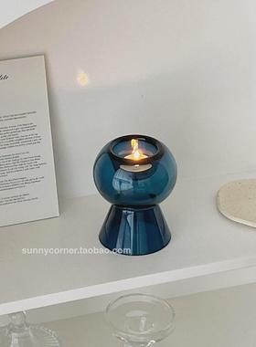 ins蓝色玻璃烛台插花水养花瓶摆件简约现代餐桌装饰香薰蜡烛台座