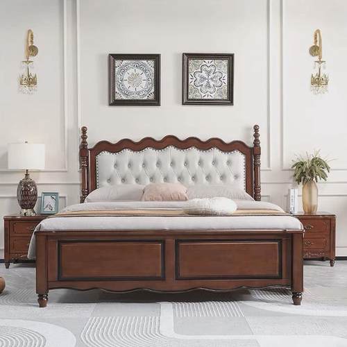 美式轻奢实木床现代简欧床软包靠背双人床收纳储物大床1.8m婚床