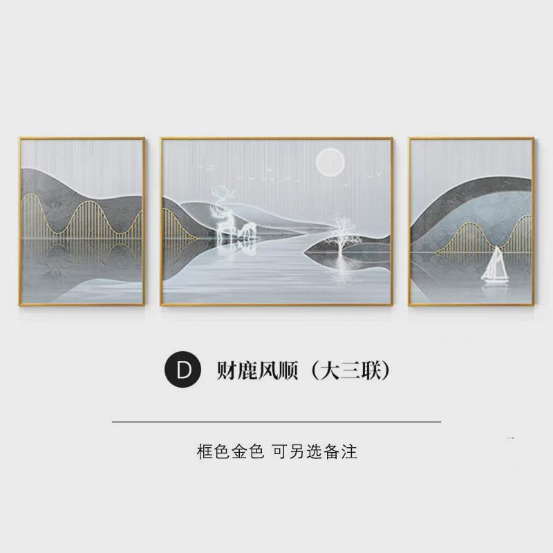 轻奢沙发背景墙挂画抽象线条山水麋鹿画三联画客厅装饰画现代简约