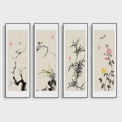 新中式客厅装饰画四联国画挂画茶室沙发背景墙中国风壁画荷花屏风