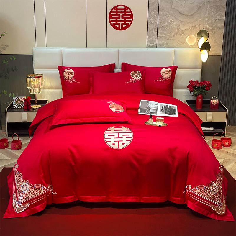 ri0t结婚四件套大红刺绣新婚纯棉床单被套房喜被婚庆床上,床上用品,婚庆床品套件,淘宝优惠券,粉丝福利购,淘宝优惠卷