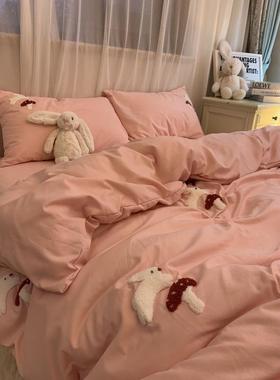 a6lins绿色被罩水洗棉刺绣床上四件套黑色小兔兔床单1.5m1.8三件