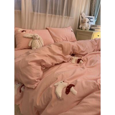 a6lins绿色被罩水洗棉刺绣床上四件套黑色小兔兔床单1.5m1.8三件