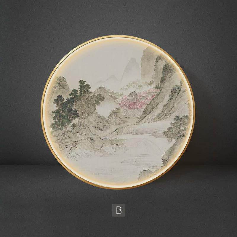 山水新中式挂画风景玄关装饰画发光led氛围灯画国画书房禅意圆形