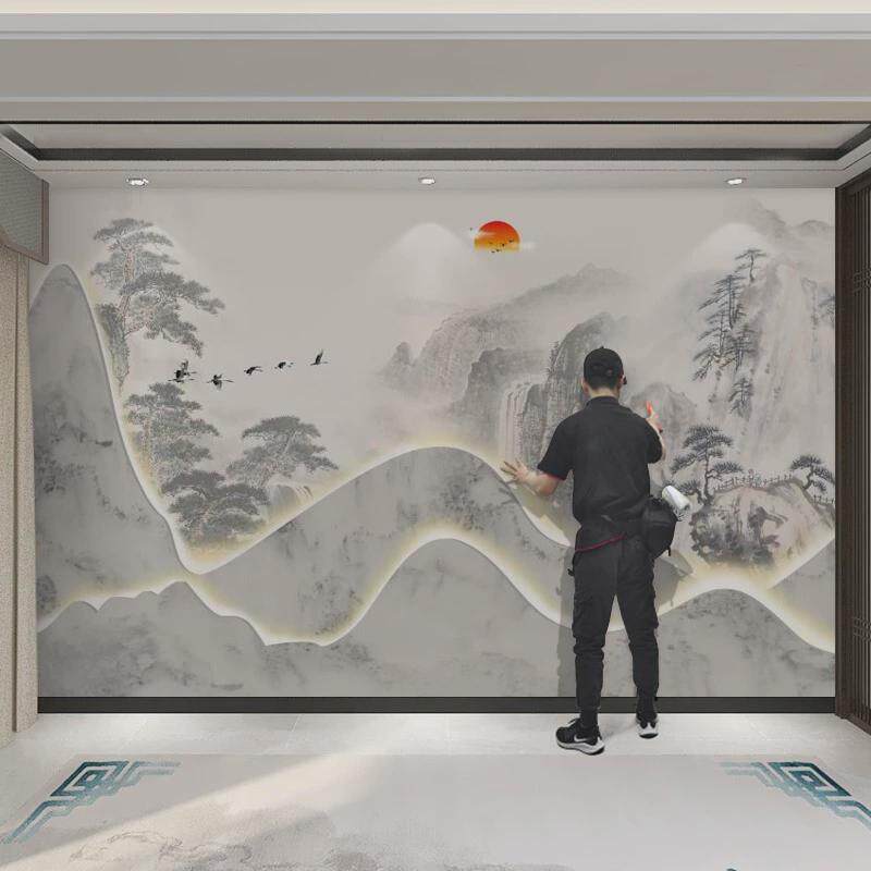 新中式电视背景墙壁纸现代水墨山水家装客厅卧室书房影视墙布壁画