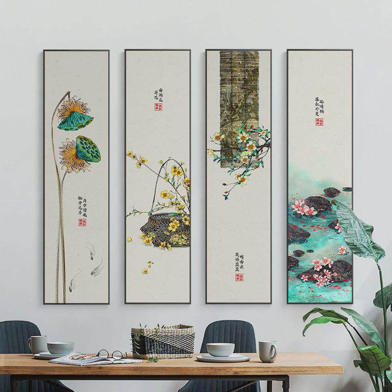 大芬油画村挂画客厅中式国画装饰画四联水墨荷花梅兰竹菊书房茶室