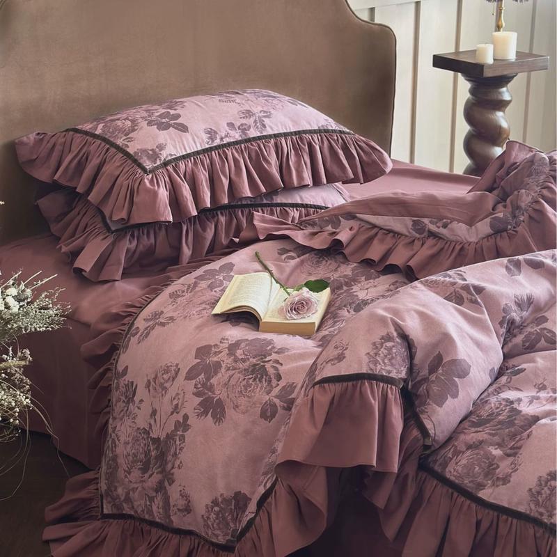 法式复古全棉磨毛四件套加厚纯棉荷叶床单被套花边床上用品