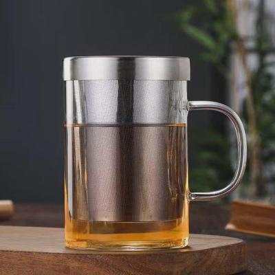 家用耐热玻璃茶杯不锈钢漏滤茶杯大容量带把花茶杯茶水分离玻璃杯