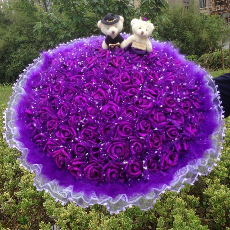 【精品促销生日花束99朵金粉玫瑰花束卡通花束仿真婚庆花束】