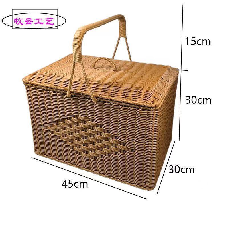 收纳筐家用双层手提篮两层手提篮篮子篮家用带盖野餐篮藤编拜拜