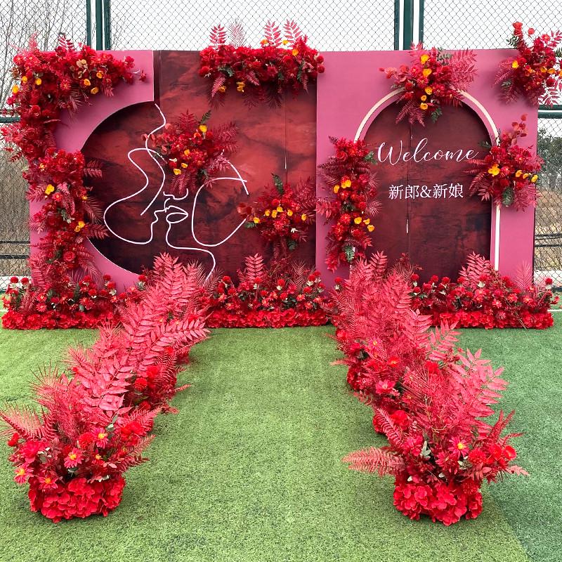 大红色中式婚庆地排花农村舞台挂花迎宾区角花装饰路引花绢花排花