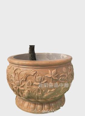 天然花盆晚霞红石缸户外仿古庭院石雕鱼缸青石槽养鱼池荷花缸摆件