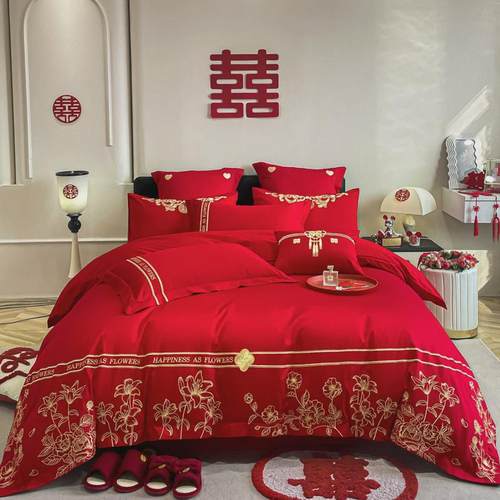 舒尊客||婚庆四件套全棉喜庆结婚龙凤爱心床上用品大红喜被新婚品