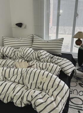1vpr条纹ins博主风黑白简约水洗棉四件套床单黑色被套宿舍三件套