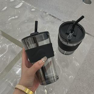 轻奢水杯女高级感玻璃杯子男生带吸管盖咖啡杯情侣家用高颜值 推荐