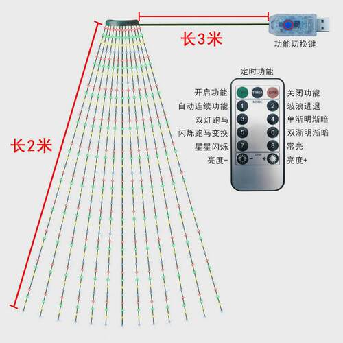 圣诞树装饰灯串节日庭院布置瀑布灯派对场景露营氛围灯LED流水灯